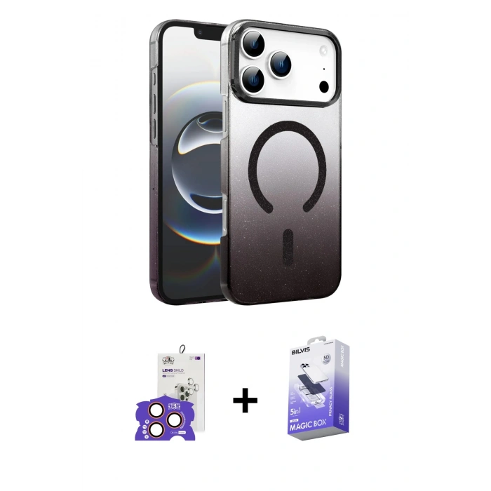 MARSİLYAN™- iPhone 17 Pro Max Kılıf Ahenk Doku Özel Seri - Siyah Bilvis 5in1 5D Magic Hayalet Cam Ekran Koruyucu + Turuncu Bilvis Titan Kamera Lens