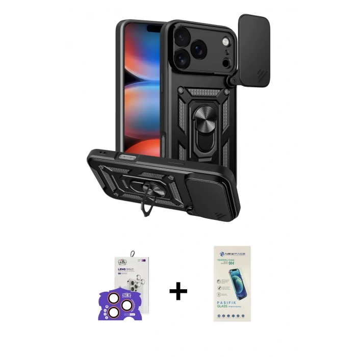 MARSİLYAN™- iPhone 17 Pro Max Kılıf Ahenk Klasik - Şeffaf Pasifik Cam Ekran Koruyucu + Bilvis Titan Kamera Lens - TU