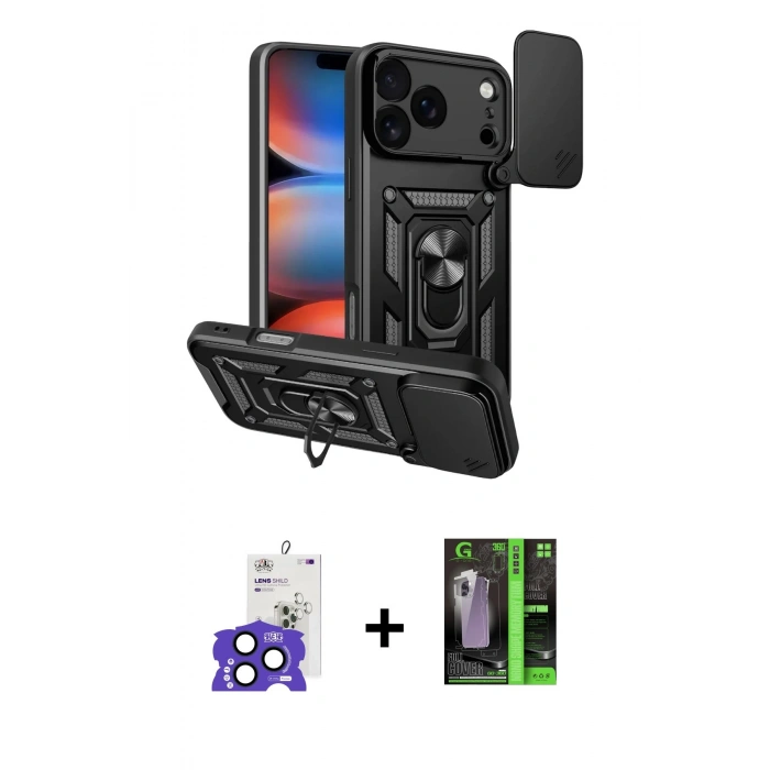 MARSİLYAN™- iPhone 17 Pro Max Kılıf Ahenk Klasik - Siyah 360 Mat Full Body Arka Koruyucu + Bilvis Titan Kamera Lens - LT