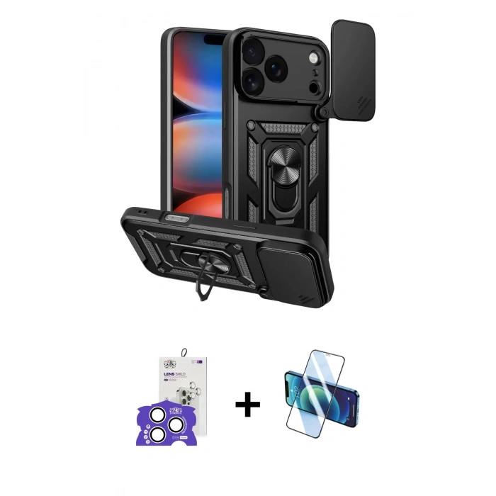 MARSİLYAN™- iPhone 17 Pro Max Kılıf Ahenk Klasik - Siyah 3D Antistatik Cam Ekran Koruyucu + Bilvis Titan Kamera Lens - GS