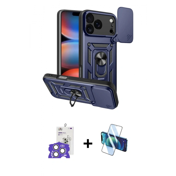 MARSİLYAN™- iPhone 17 Pro Max Kılıf Ahenk Klasik - Siyah 3D Antistatik Cam Ekran Koruyucu + Bilvis Titan Kamera Lens - GS
