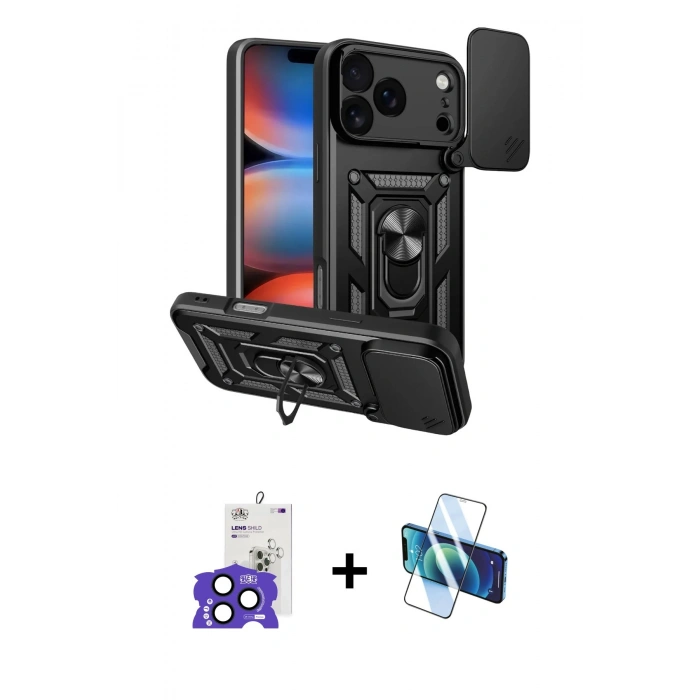 MARSİLYAN™- iPhone 17 Pro Max Kılıf Ahenk Klasik - Siyah 3D Antistatik Cam Ekran Koruyucu + Bilvis Titan Kamera Lens - LT