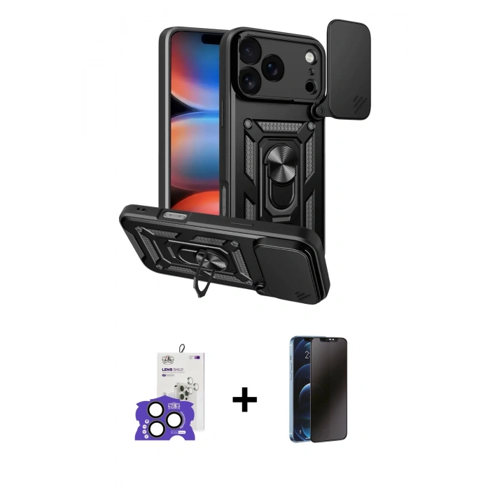 MARSİLYAN™- iPhone 17 Pro Max Kılıf Ahenk Klasik - Siyah 3D Antistatik Hayalet Cam Ekran Koruyucu + Bilvis Titan Kamera Lens - NLGY