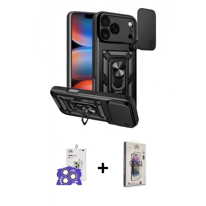 MARSİLYAN™- iPhone 17 Pro Max Kılıf Ahenk Klasik - Siyah Bilvis 3D Cam Ekran Koruyucu + Bilvis Titan Kamera Lens - GS