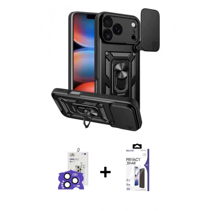 MARSİLYAN™- iPhone 17 Pro Max Kılıf Ahenk Klasik - Siyah Bilvis 3X AR Hayalet Cam Ekran Koruyucu + Bilvis Titan Kamera Lens - LT