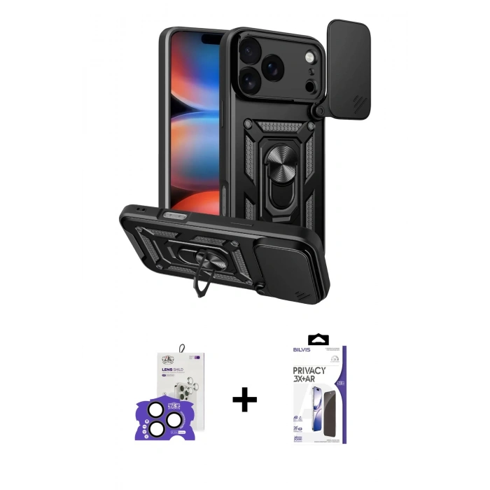 MARSİLYAN™- iPhone 17 Pro Max Kılıf Ahenk Klasik - Siyah Bilvis 3X AR Hayalet Cam Ekran Koruyucu + Bilvis Titan Kamera Lens - NLGY