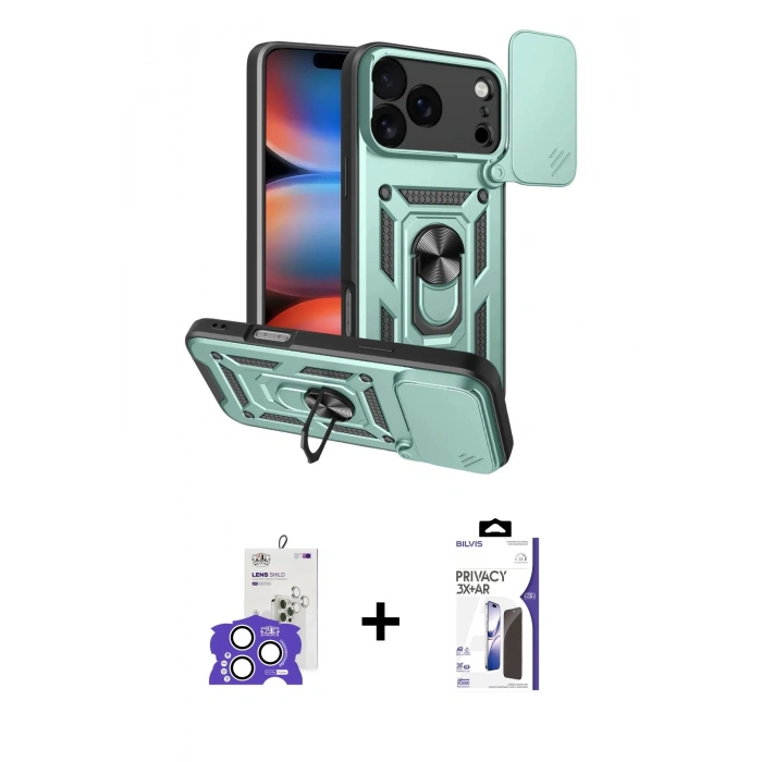 MARSİLYAN™- iPhone 17 Pro Max Kılıf Ahenk Klasik - Siyah Bilvis 3X AR Hayalet Cam Ekran Koruyucu + Bilvis Titan Kamera Lens - GS