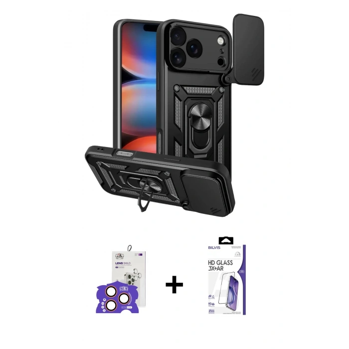 MARSİLYAN™- iPhone 17 Pro Max Kılıf Ahenk Klasik - Siyah Bilvis 3X AR HD Cam Ekran Koruyucu + Bilvis Titan Kamera Lens - TU