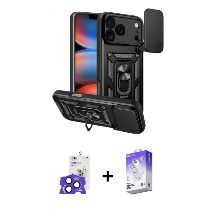 MARSİLYAN™- iPhone 17 Pro Max Kılıf Ahenk Klasik - Siyah Bilvis 5in1 3D Magic Cam Ekran Koruyucu + Bilvis Titan Kamera Lens - LT
