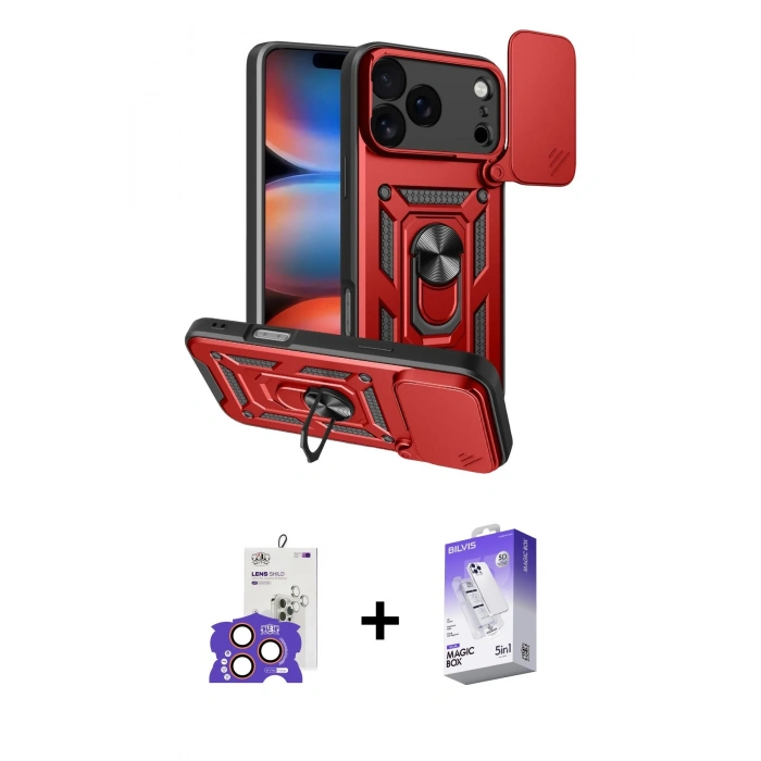 MARSİLYAN™- iPhone 17 Pro Max Kılıf Ahenk Klasik - Siyah Bilvis 5in1 3D Magic Cam Ekran Koruyucu + Turuncu Bilvis Titan Kamera Lens