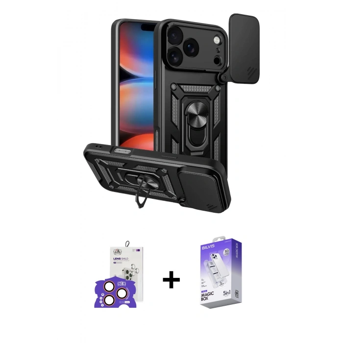 MARSİLYAN™- iPhone 17 Pro Max Kılıf Ahenk Klasik - Siyah Bilvis 5in1 3D Magic Cam Ekran Koruyucu + Turuncu Bilvis Titan Kamera Lens