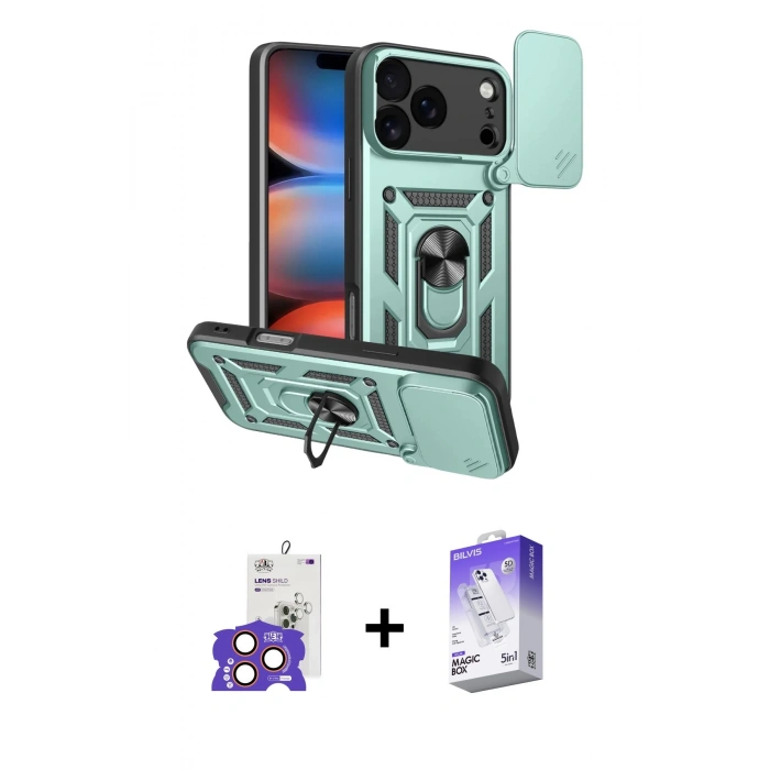 MARSİLYAN™- iPhone 17 Pro Max Kılıf Ahenk Klasik - Siyah Bilvis 5in1 3D Magic Cam Ekran Koruyucu + Turuncu Bilvis Titan Kamera Lens