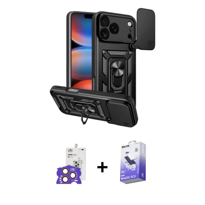 MARSİLYAN™- iPhone 17 Pro Max Kılıf Ahenk Klasik - Siyah Bilvis 5in1 5D Magic Hayalet Cam Ekran Koruyucu + Bilvis Titan Kamera Lens - TU