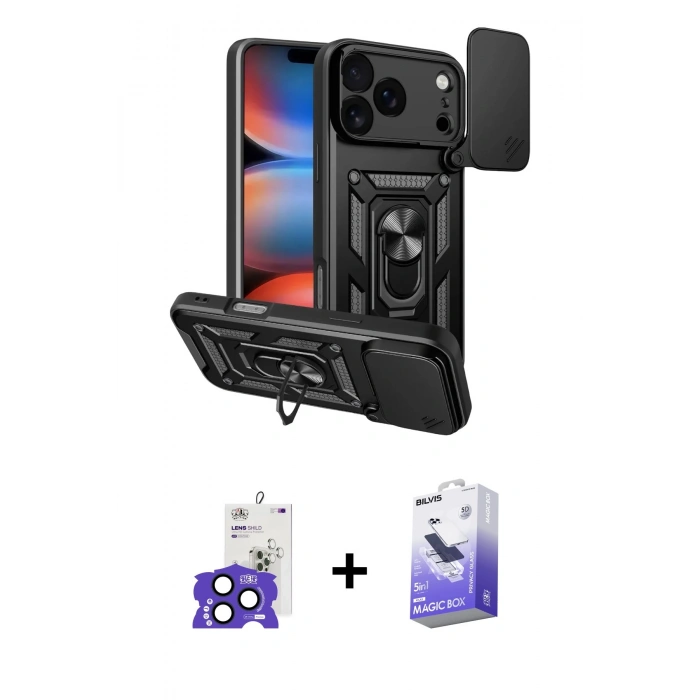 MARSİLYAN™- iPhone 17 Pro Max Kılıf Ahenk Klasik - Siyah Bilvis 5in1 5D Magic Hayalet Cam Ekran Koruyucu + Bilvis Titan Kamera Lens - LT