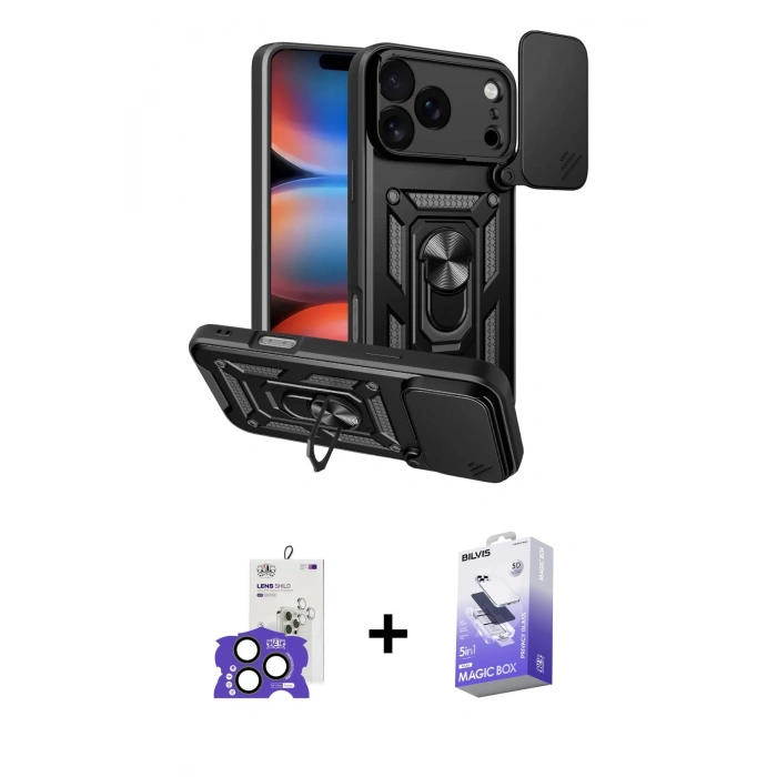 MARSİLYAN™- iPhone 17 Pro Max Kılıf Ahenk Klasik - Siyah Bilvis 5in1 5D Magic Hayalet Cam Ekran Koruyucu + Bilvis Titan Kamera Lens - NLGY