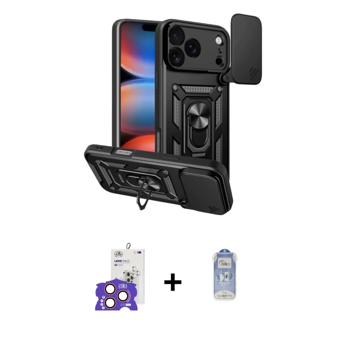 MARSİLYAN™- iPhone 17 Pro Max Kılıf Ahenk Klasik - Siyah Joko Magic 5D Cam + Bilvis Titan Kamera Lens - TU