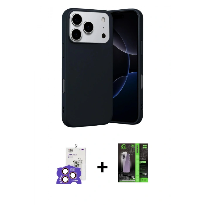 MARSİLYAN™- iPhone 17 Pro Max Kılıf Ahenk Serisi - Siyah 360 Mat Full Body Arka Koruyucu + Bilvis Titan Kamera Lens - TU