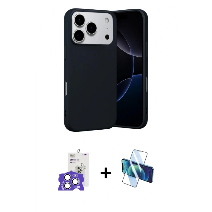 MARSİLYAN™- iPhone 17 Pro Max Kılıf Ahenk Serisi - Siyah 3D Antistatik Cam Ekran Koruyucu + Bilvis Titan Kamera Lens - GS