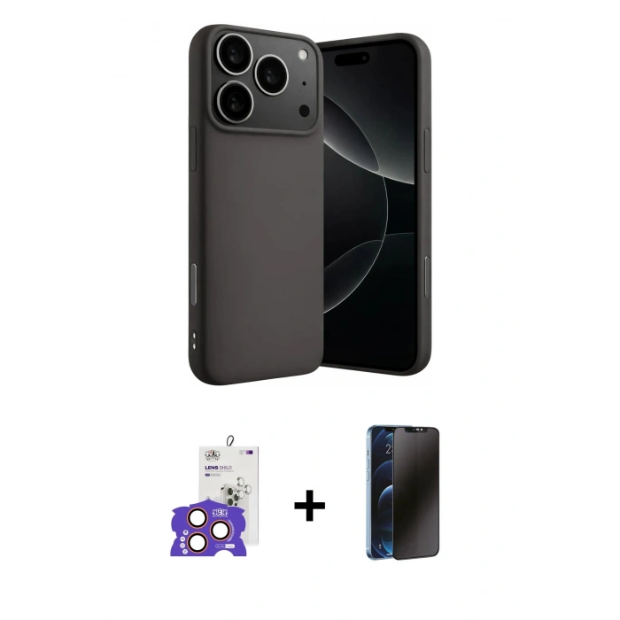 MARSİLYAN™- iPhone 17 Pro Max Kılıf Ahenk Serisi - Siyah 3D Antistatik Hayalet Cam Ekran Koruyucu + Bilvis Titan Kamera Lens - TU
