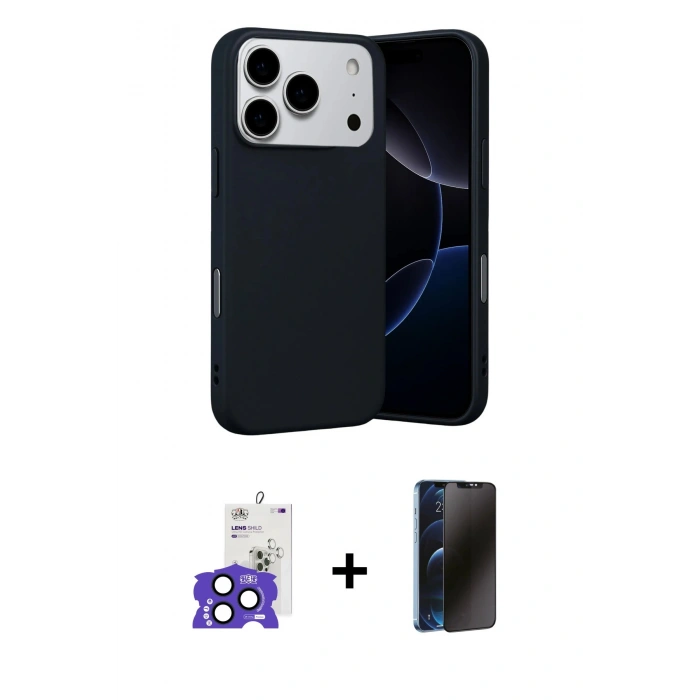 MARSİLYAN™- iPhone 17 Pro Max Kılıf Ahenk Serisi - Siyah 3D Antistatik Hayalet Cam Ekran Koruyucu + Bilvis Titan Kamera Lens - LT