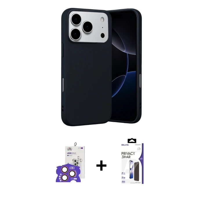 MARSİLYAN™- iPhone 17 Pro Max Kılıf Ahenk Serisi - Siyah Bilvis 3X AR Hayalet Cam Ekran Koruyucu + Bilvis Titan Kamera Lens - TU