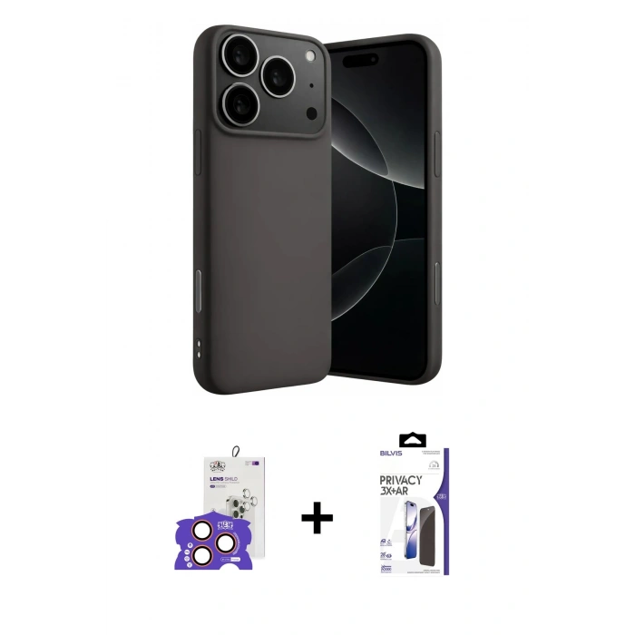 MARSİLYAN™- iPhone 17 Pro Max Kılıf Ahenk Serisi - Siyah Bilvis 3X AR Hayalet Cam Ekran Koruyucu + Bilvis Titan Kamera Lens - TU