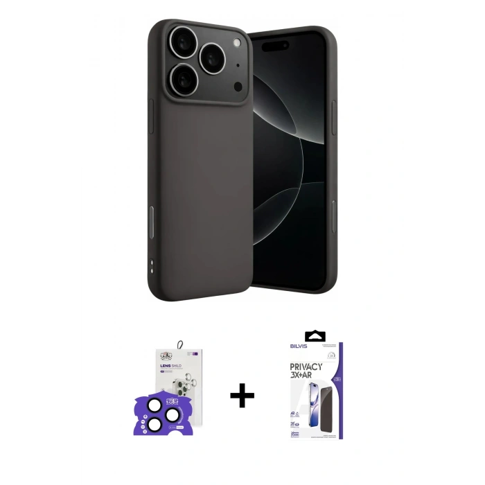 MARSİLYAN™- iPhone 17 Pro Max Kılıf Ahenk Serisi - Siyah Bilvis 3X AR Hayalet Cam Ekran Koruyucu + Bilvis Titan Kamera Lens - LT