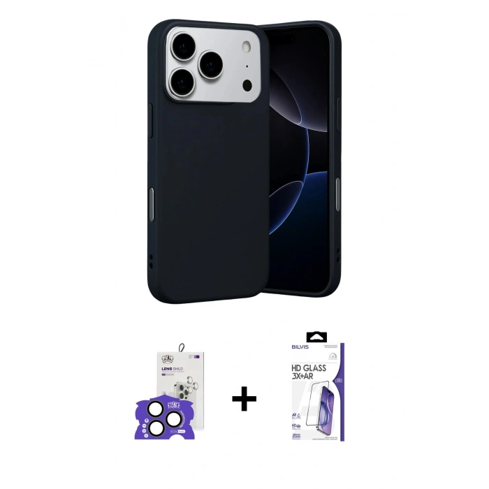 MARSİLYAN™- iPhone 17 Pro Max Kılıf Ahenk Serisi - Siyah Bilvis 3X AR HD Cam Ekran Koruyucu + Bilvis Titan Kamera Lens - NLGY
