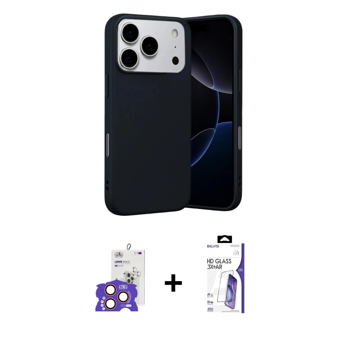 MARSİLYAN™- iPhone 17 Pro Max Kılıf Ahenk Serisi - Siyah Bilvis 3X AR HD Cam Ekran Koruyucu + Bilvis Titan Kamera Lens - TU