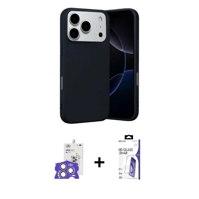 MARSİLYAN™- iPhone 17 Pro Max Kılıf Ahenk Serisi - Siyah Bilvis 3X AR HD Cam Ekran Koruyucu + Bilvis Titan Kamera Lens - GS