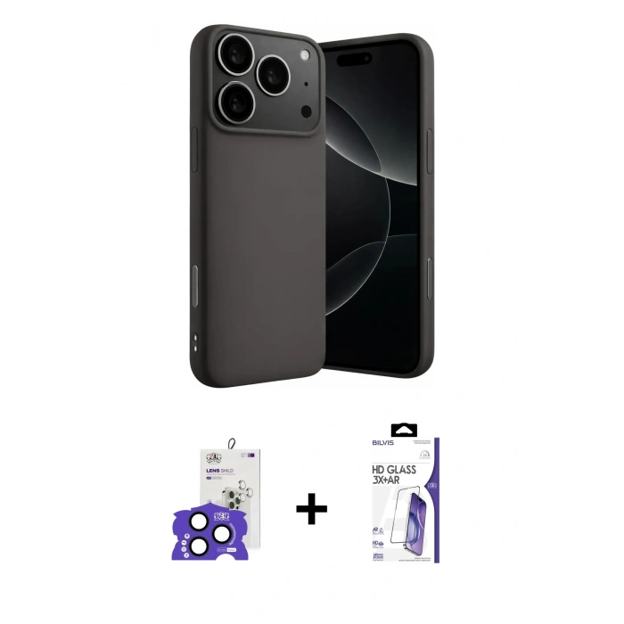 MARSİLYAN™- iPhone 17 Pro Max Kılıf Ahenk Serisi - Siyah Bilvis 3X AR HD Cam Ekran Koruyucu + Bilvis Titan Kamera Lens - LT