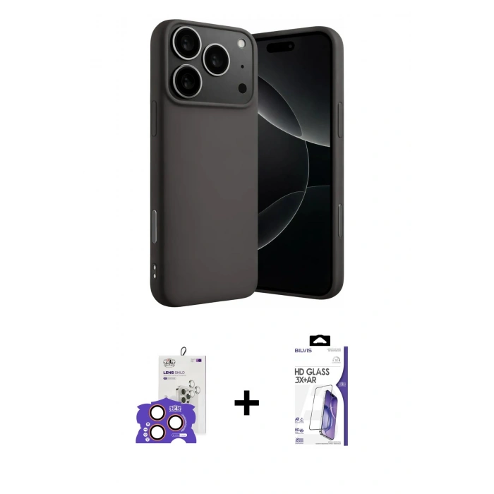 MARSİLYAN™- iPhone 17 Pro Max Kılıf Ahenk Serisi - Siyah Bilvis 3X AR HD Cam Ekran Koruyucu + Bilvis Titan Kamera Lens - TU