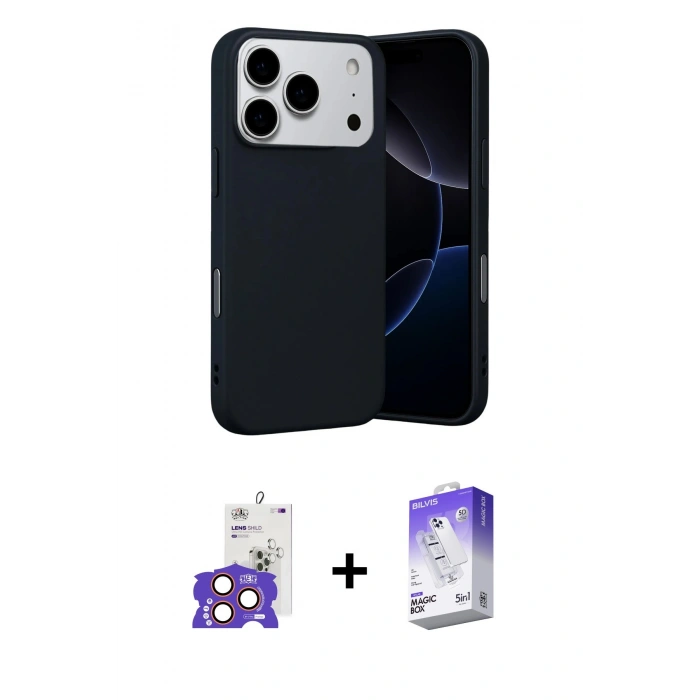 MARSİLYAN™- iPhone 17 Pro Max Kılıf Ahenk Serisi - Siyah Bilvis 5in1 3D Magic Cam Ekran Koruyucu + Bilvis Titan Kamera Lens - TU