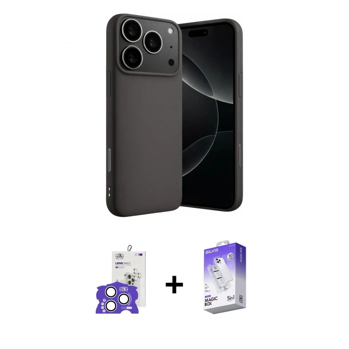 MARSİLYAN™- iPhone 17 Pro Max Kılıf Ahenk Serisi - Siyah Bilvis 5in1 3D Magic Cam Ekran Koruyucu + Bilvis Titan Kamera Lens - GS