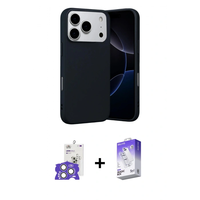 MARSİLYAN™- iPhone 17 Pro Max Kılıf Ahenk Serisi - Siyah Bilvis 5in1 3D Magic Cam Ekran Koruyucu + Bilvis Titan Kamera Lens - GS