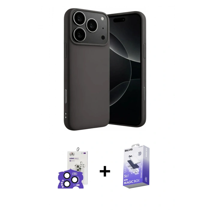 MARSİLYAN™- iPhone 17 Pro Max Kılıf Ahenk Serisi - Siyah Bilvis 5in1 5D Magic Hayalet Cam Ekran Koruyucu + Lacivert Bilvis Titan Kamera Lens