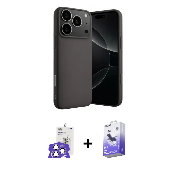 MARSİLYAN™- iPhone 17 Pro Max Kılıf Ahenk Serisi - Siyah Bilvis 5in1 5D Magic Hayalet Cam Ekran Koruyucu + Bilvis Titan Kamera Lens - GS