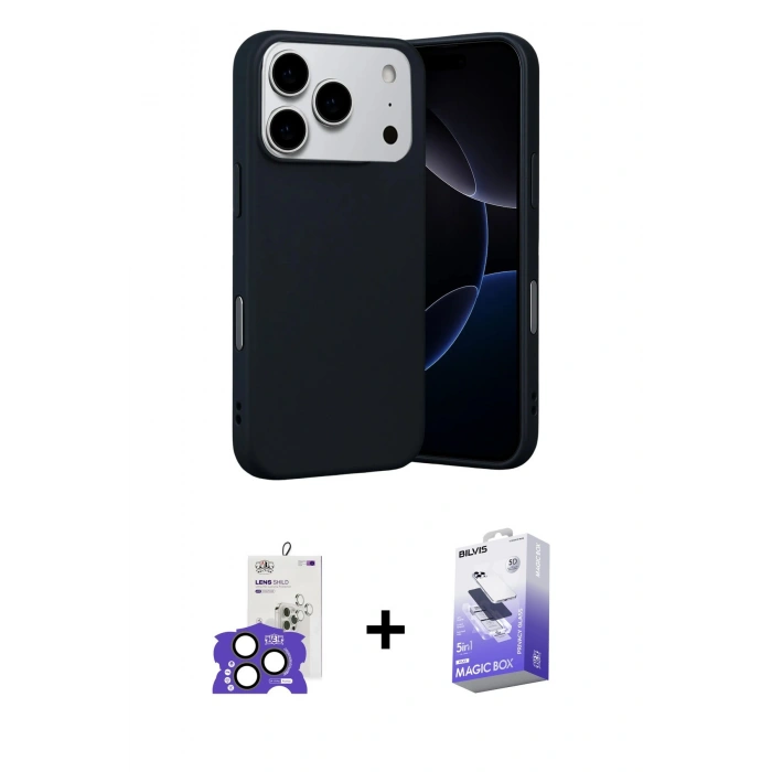 MARSİLYAN™- iPhone 17 Pro Max Kılıf Ahenk Serisi - Siyah Bilvis 5in1 5D Magic Hayalet Cam Ekran Koruyucu + Bilvis Titan Kamera Lens - NLGY