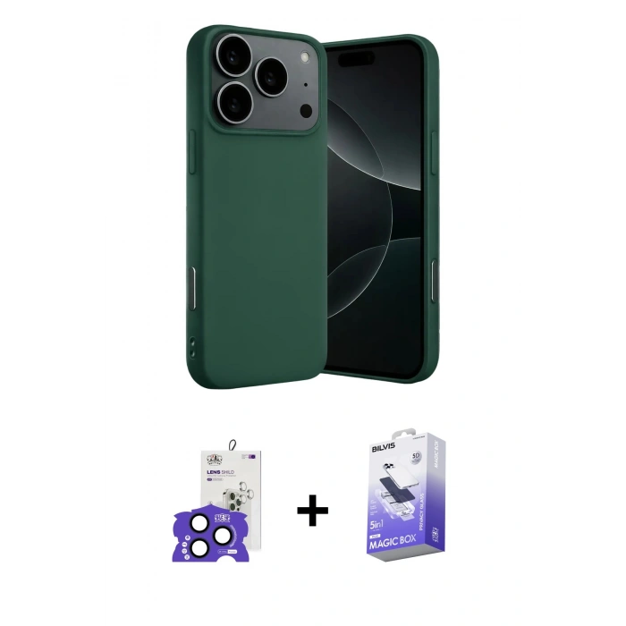 MARSİLYAN™- iPhone 17 Pro Max Kılıf Ahenk Serisi - Siyah Bilvis 5in1 5D Magic Hayalet Cam Ekran Koruyucu + Lacivert Bilvis Titan Kamera Lens