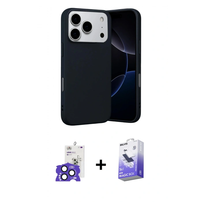 MARSİLYAN™- iPhone 17 Pro Max Kılıf Ahenk Serisi - Siyah Bilvis 5in1 5D Magic Hayalet Cam Ekran Koruyucu + Lacivert Bilvis Titan Kamera Lens