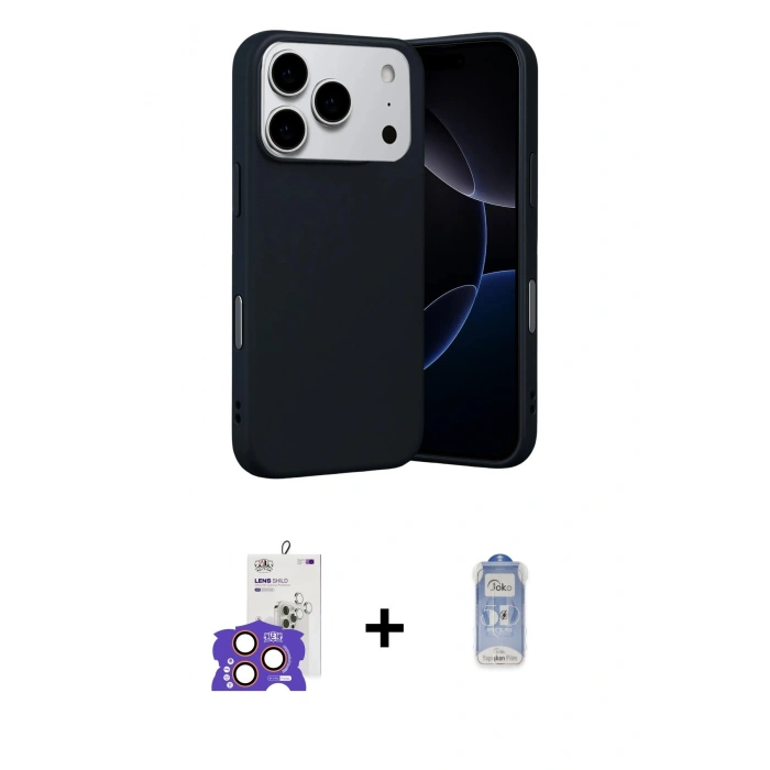 MARSİLYAN™- iPhone 17 Pro Max Kılıf Ahenk Serisi - Siyah Joko Magic 5D Cam + Turuncu Bilvis Titan Kamera Lens