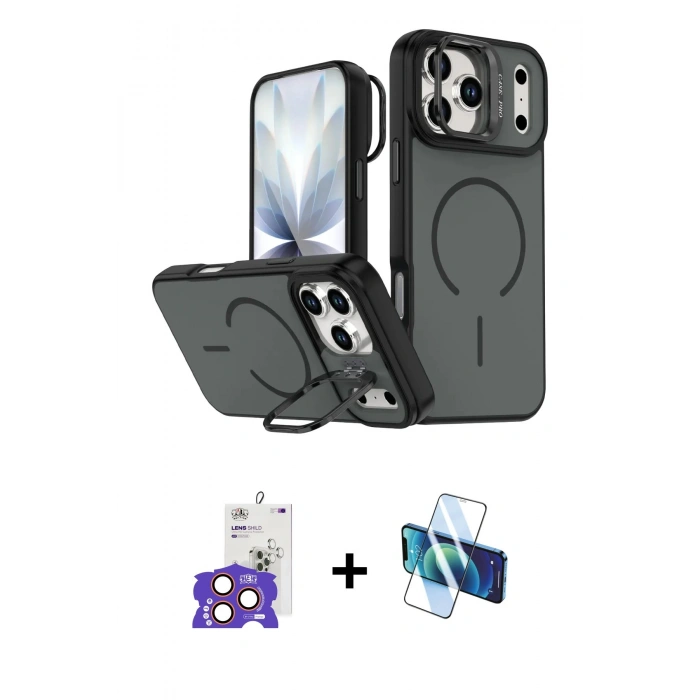 MARSİLYAN™- iPhone 17 Pro Max Kılıf Çekirdek Klasik - Siyah 3D Antistatik Seramik Nano Ekran Koruyucu + Turuncu Bilvis Titan Kamera Lens