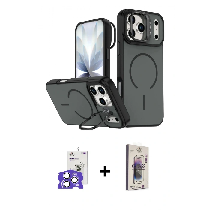 MARSİLYAN™- iPhone 17 Pro Max Kılıf Çekirdek Klasik - Siyah Bilvis 3D Cam Ekran Koruyucu + Gümüş Bilvis Titan Kamera Lens