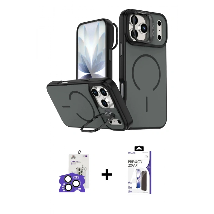 MARSİLYAN™- iPhone 17 Pro Max Kılıf Çekirdek Klasik - Siyah Bilvis 3X AR Hayalet Cam Ekran Koruyucu + Bilvis Titan Kamera Lens - NLGY
