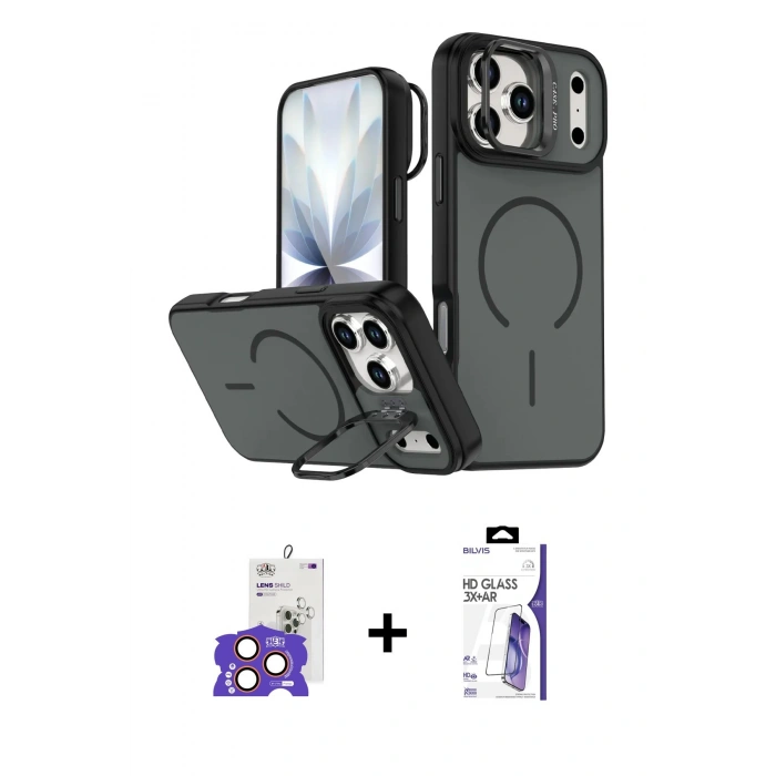 MARSİLYAN™- iPhone 17 Pro Max Kılıf Çekirdek Klasik - Siyah Bilvis 3X AR HD Cam Ekran Koruyucu + Bilvis Titan Kamera Lens - TU