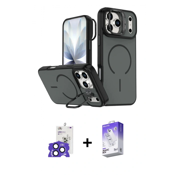 MARSİLYAN™- iPhone 17 Pro Max Kılıf Çekirdek Klasik - Siyah Bilvis 5in1 3D Magic Cam Ekran Koruyucu + Bilvis Titan Kamera Lens - LT
