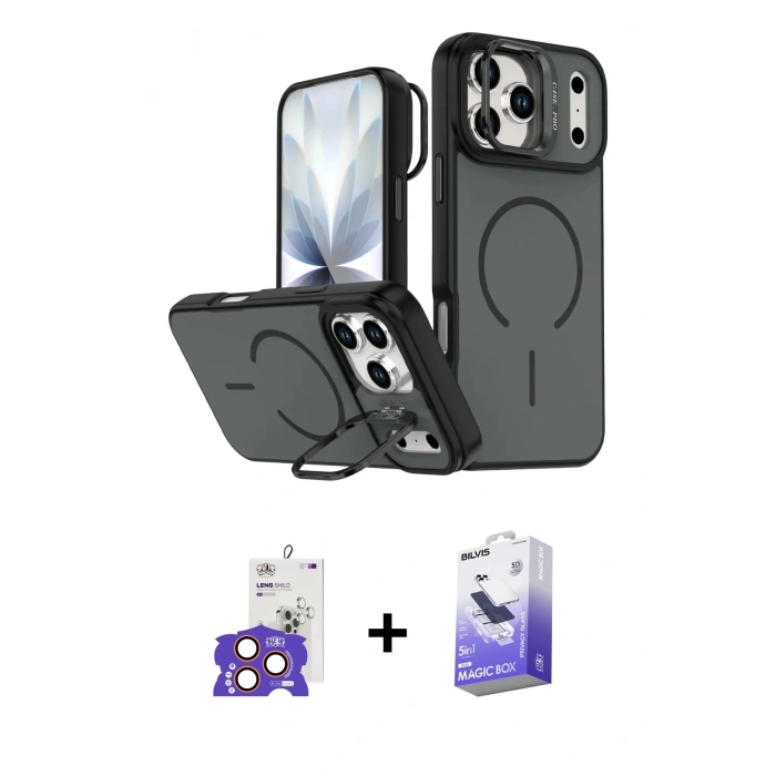 MARSİLYAN™- iPhone 17 Pro Max Kılıf Çekirdek Klasik - Siyah Bilvis 5in1 5D Magic Hayalet Cam Ekran Koruyucu + Bilvis Titan Kamera Lens - TU