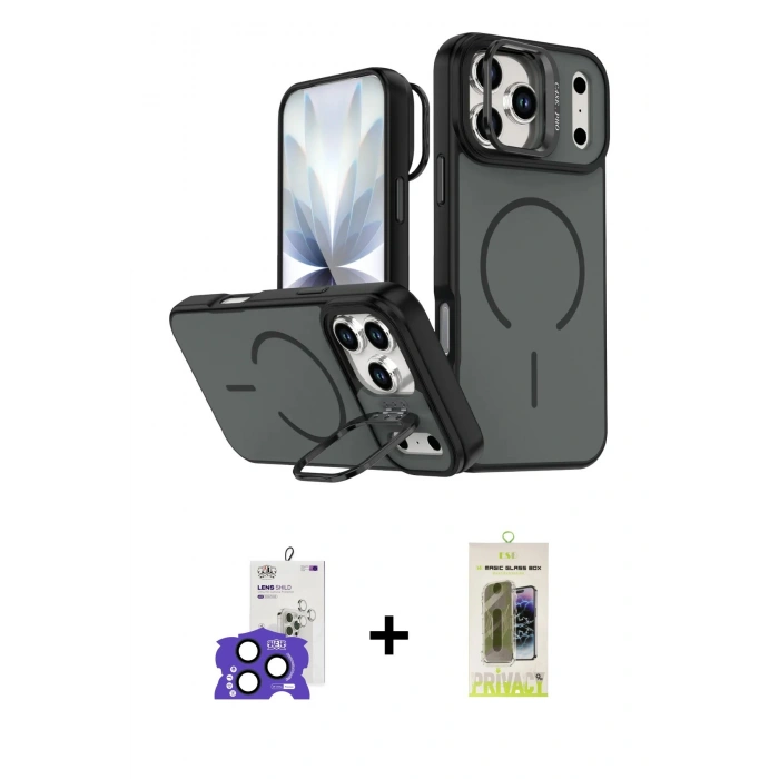 MARSİLYAN™- iPhone 17 Pro Max Kılıf Çekirdek Klasik - Siyah Joko Magic 5D Hayalet Cam + Bilvis Titan Kamera Lens - LT
