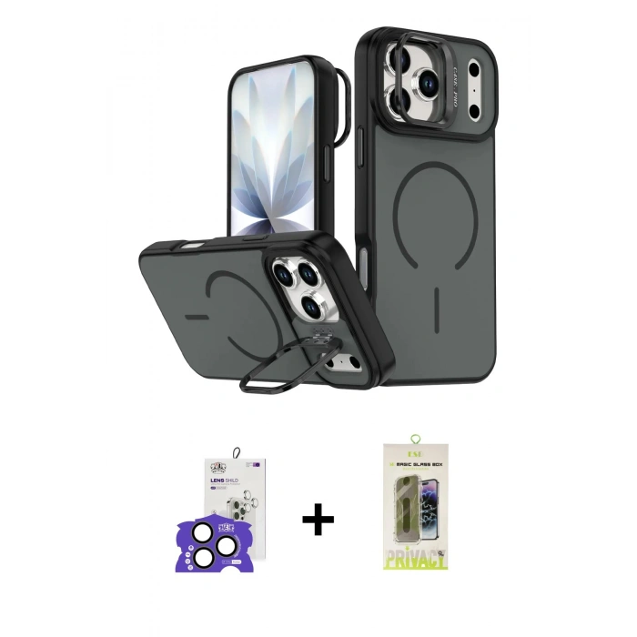 MARSİLYAN™- iPhone 17 Pro Max Kılıf Çekirdek Klasik - Siyah Joko Magic 5D Hayalet Cam + Natural Grey Bilvis Titan Kamera Lens