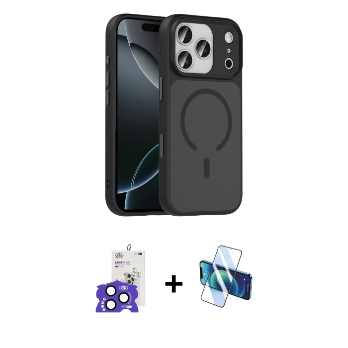 MARSİLYAN™- iPhone 17 Pro Max Kılıf Doruk Form Serisi - Siyah 3D Antistatik Seramik Nano Ekran Koruyucu + Bilvis Titan Kamera Lens - LT